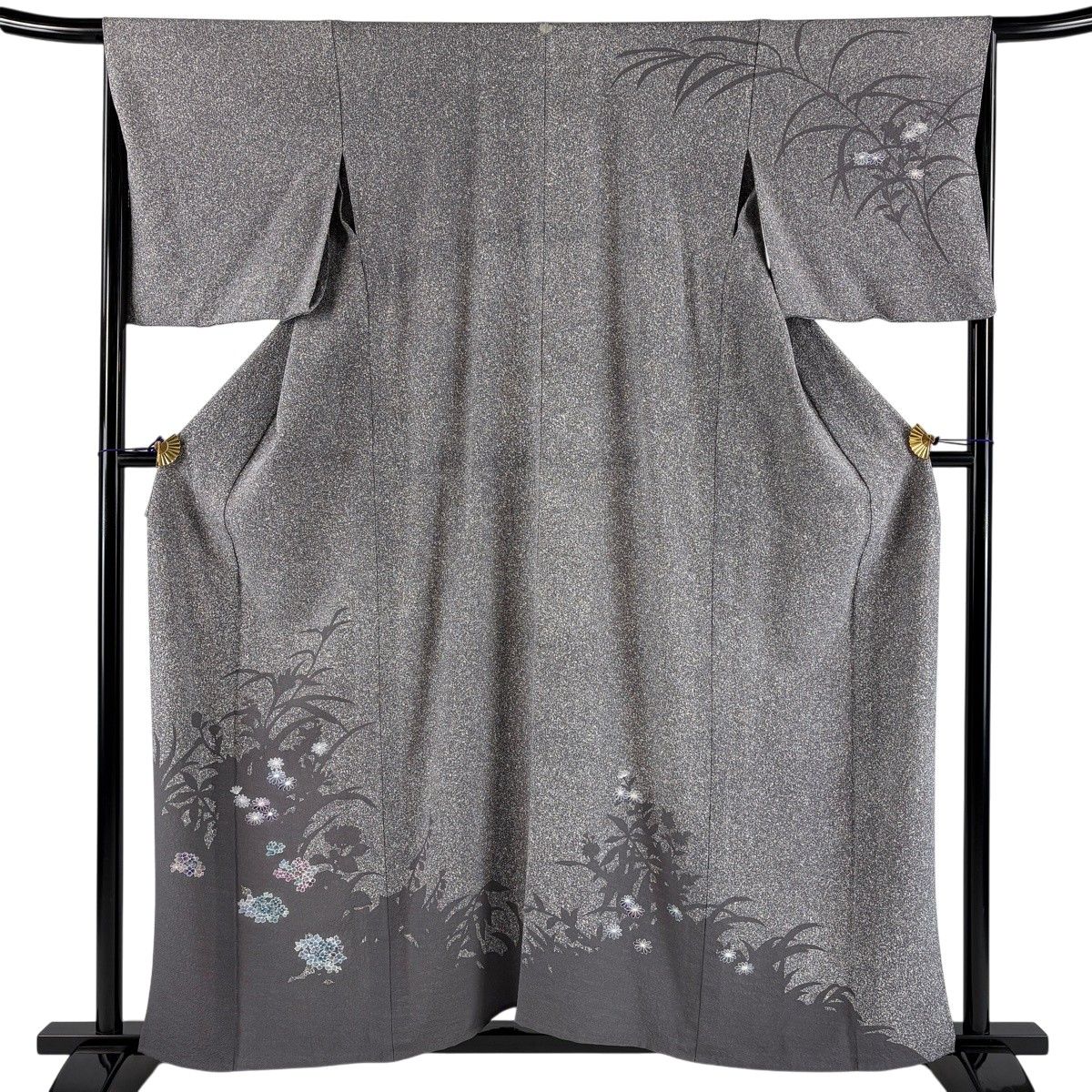 訪問着 身丈159cm 裄丈67.5cm L 単衣 草花 シルエット 灰色 正絹 秀品 一つ紋 【中古】