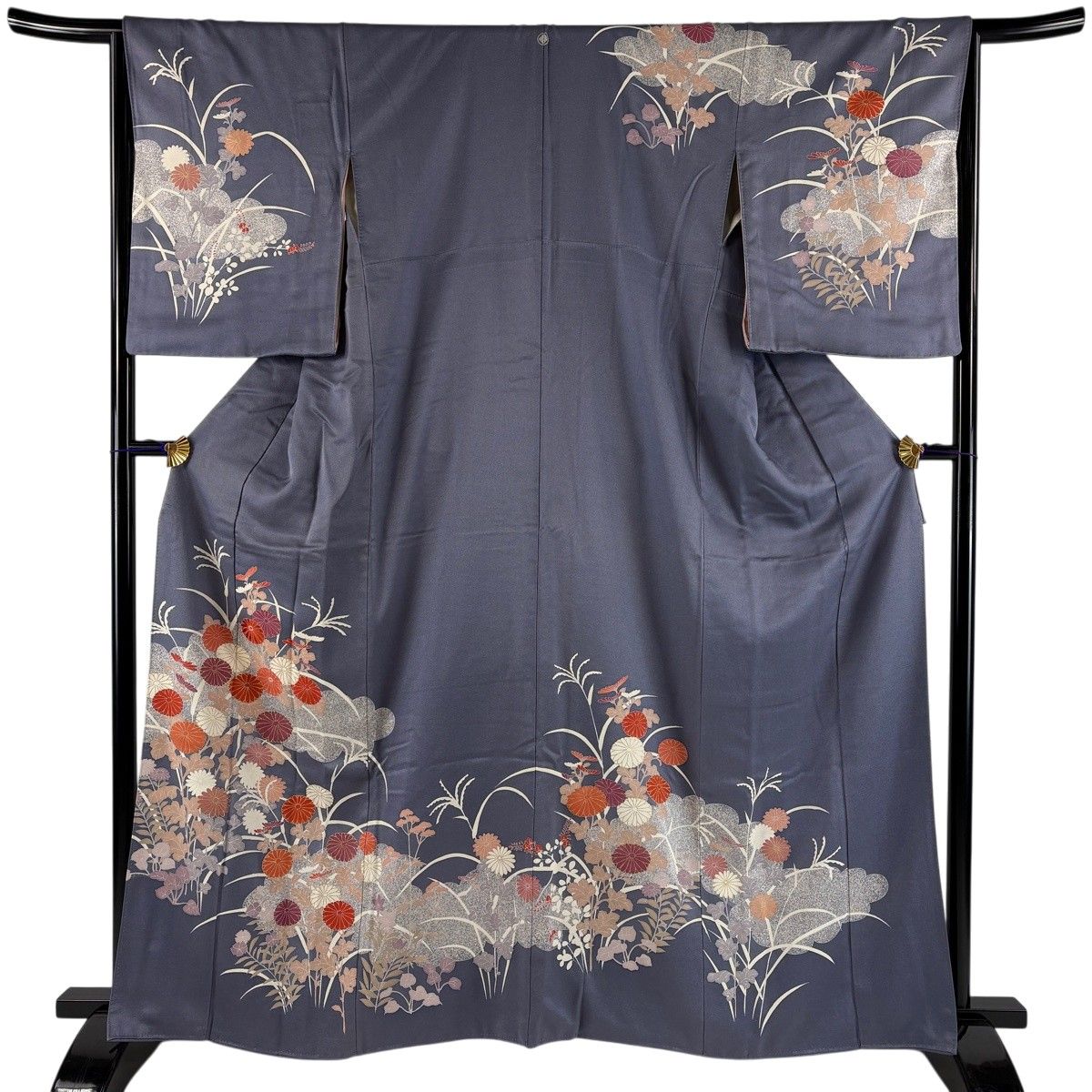 訪問着 身丈162.5cm 裄丈65.5cm M 袷 菊 雲文 金銀彩 灰紫 正絹 秀品 一つ紋 【中古】