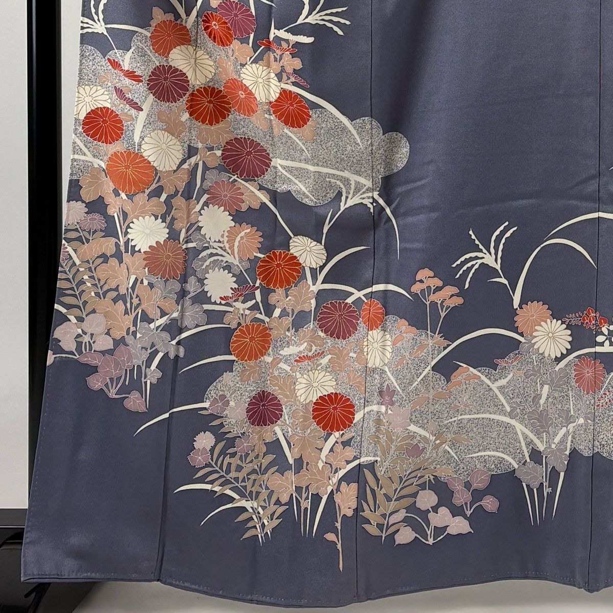 訪問着 身丈162.5cm 裄丈65.5cm M 袷 菊 雲文 金銀彩 灰紫 正絹 秀品 