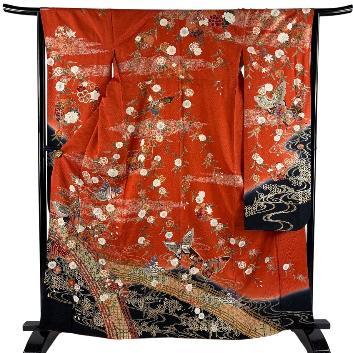 振袖 身丈163cm 裄丈65.5cm M 袷 蝶 橋 金糸 金銀彩 朱色 正絹 秀品 【中古】