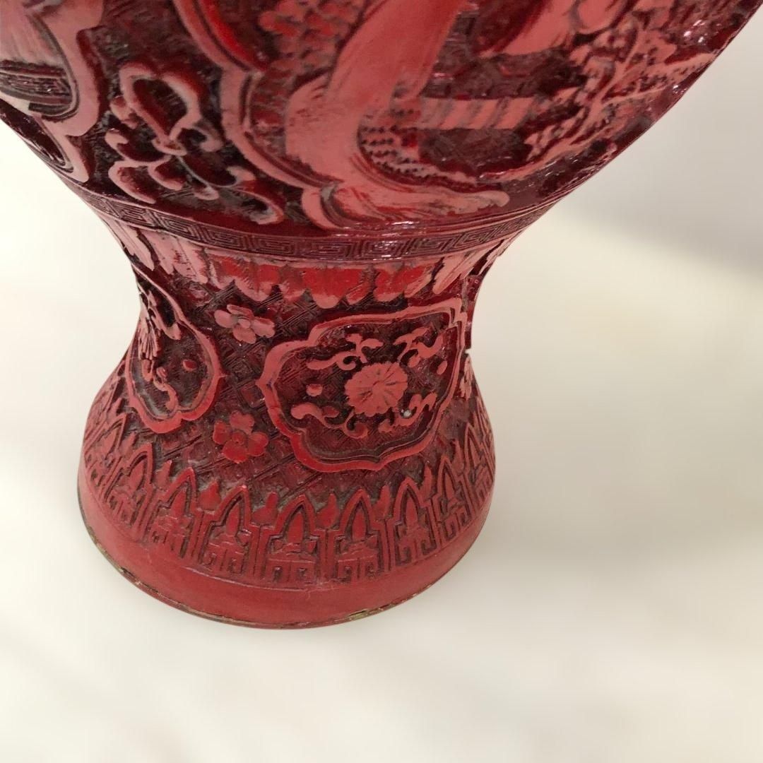 中国美術 大型壺 朱色 彫刻花瓶 アンティーク インテリア 中国美術