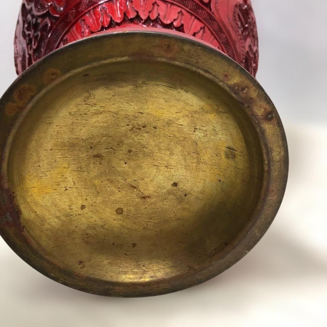中国風 大型壺 朱色 レリーフ彫刻 花鳥図 花瓶 高約48cm 260216-2 中国風 大型壺 朱色 レリーフ彫刻 花鳥図 花瓶 高約48cm 260216-2