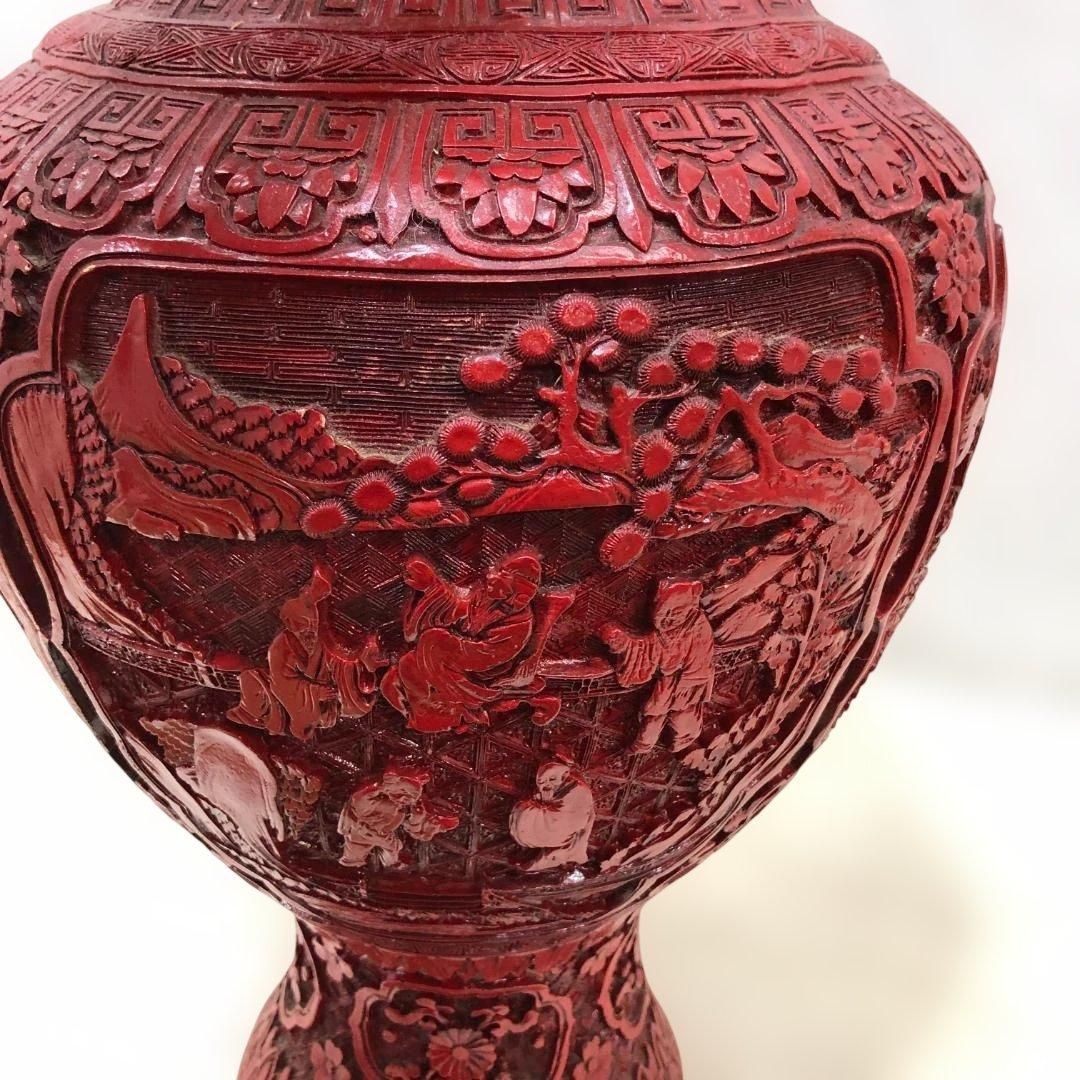 インテリア小物 中国風 大型壺 朱色 レリーフ彫刻 花鳥図 花瓶 高さ約48cm