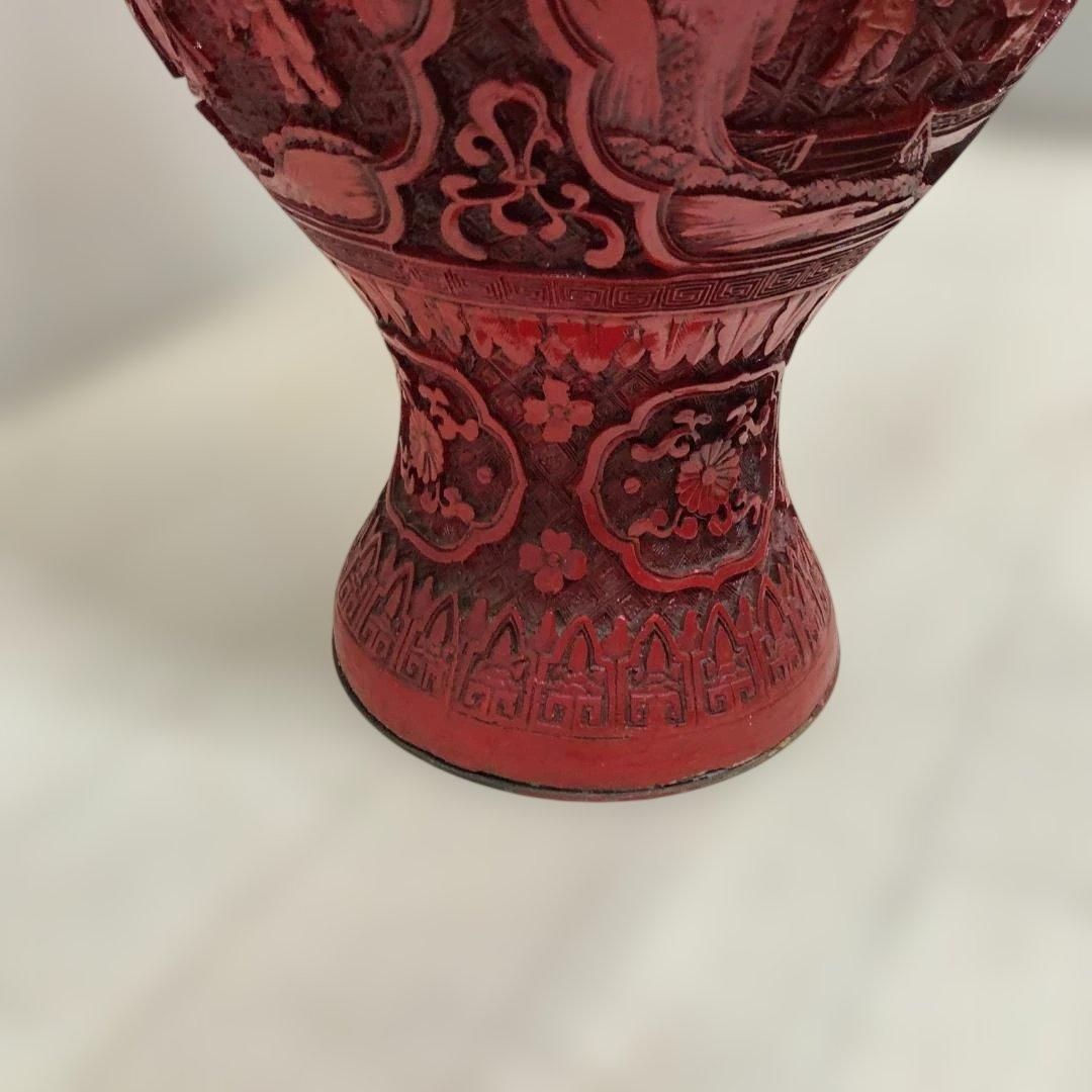 インテリア小物 中国風 大型壺 朱色 レリーフ彫刻 花鳥図 花瓶 高さ約 