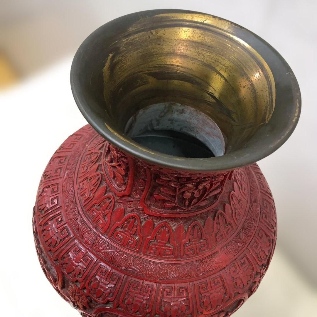 中国風 大型壺 朱色 レリーフ彫刻 花鳥図 花瓶 高約48cm 260216-2