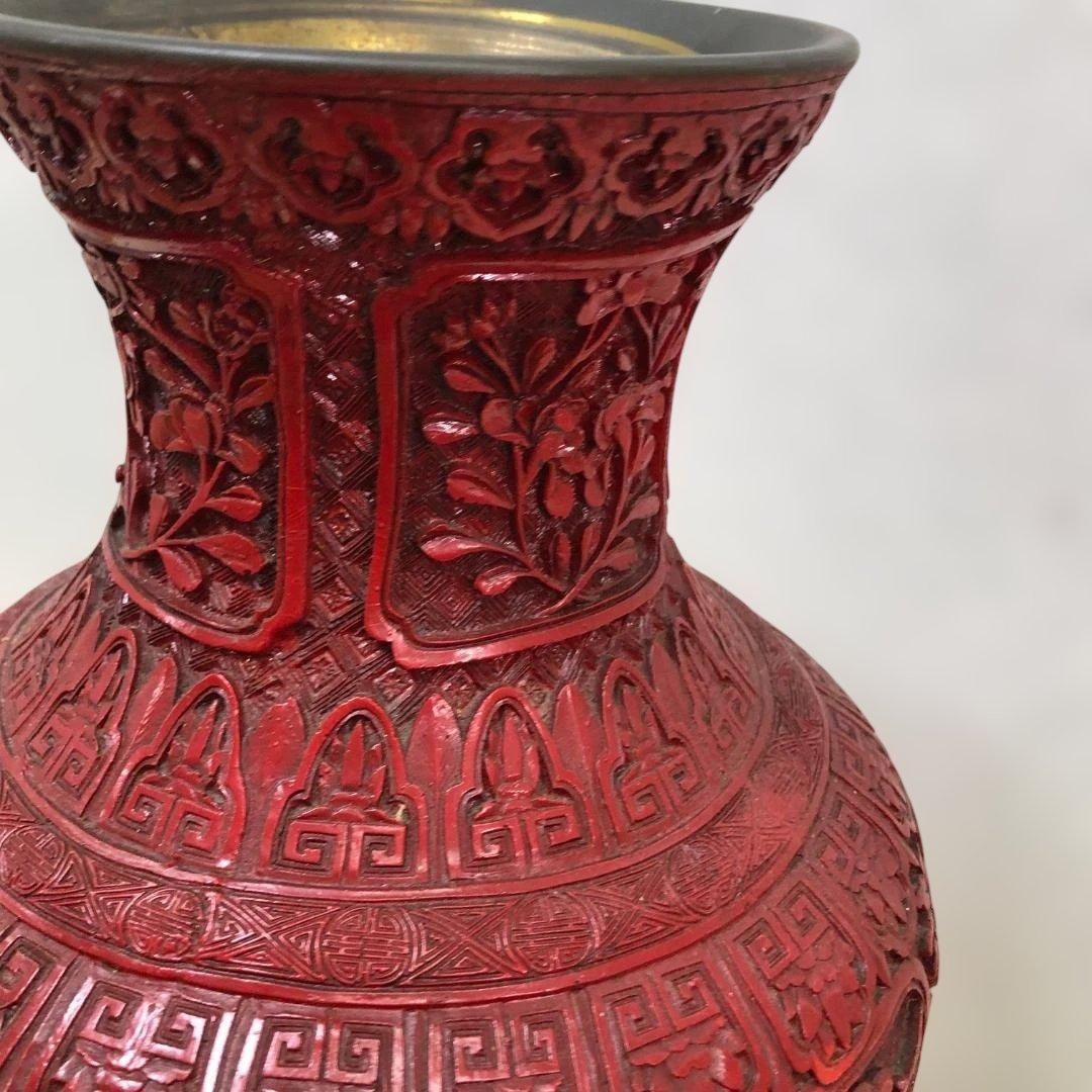 インテリア小物 中国風 大型壺 朱色 レリーフ彫刻 花鳥図 花瓶 高約