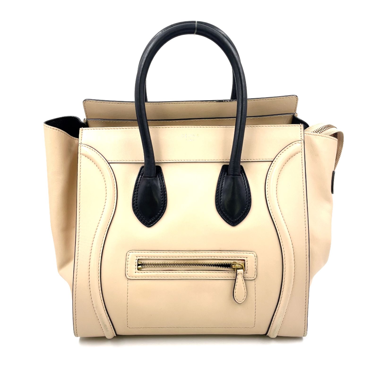 【新着】CELINE ラゲージ ミニショッパー カーフスキン ブラック×ベージュ ハンドバッグ ゴールド