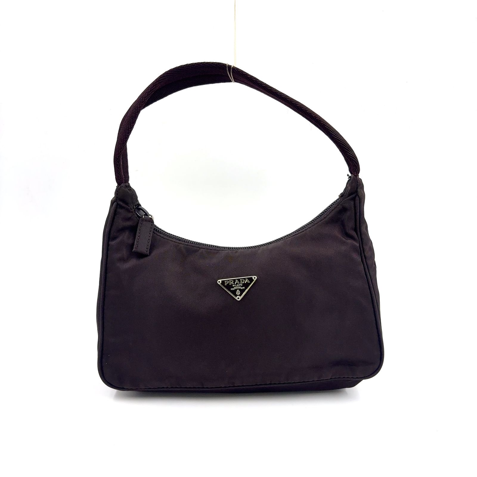 【新着】PRADA 三角ロゴプレート ナイロン ブラウン ハンドバッグ シルバー