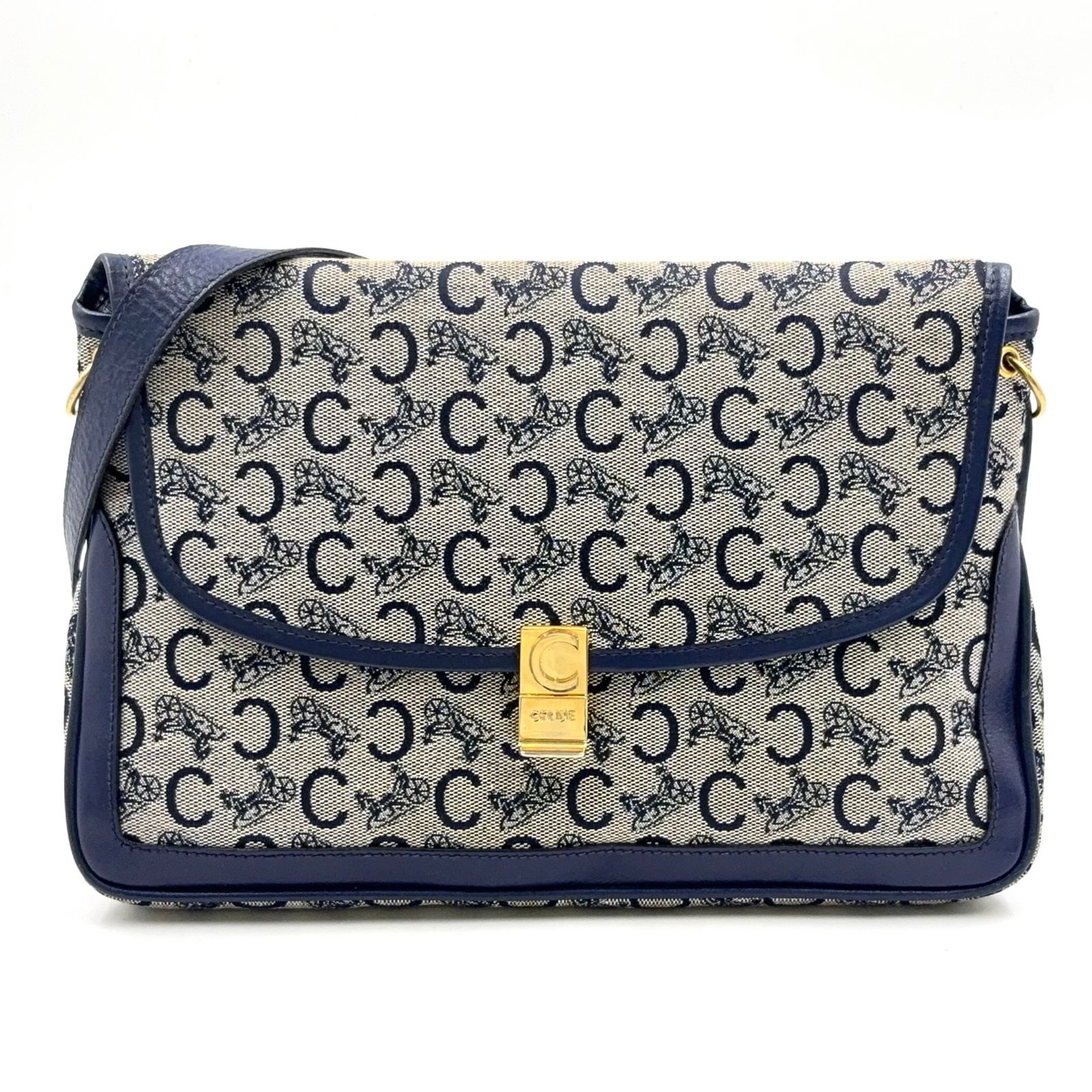 【新着】CELINE Cマカダム レザー×キャンバス ネイビー ショルダーバッグ ゴールド