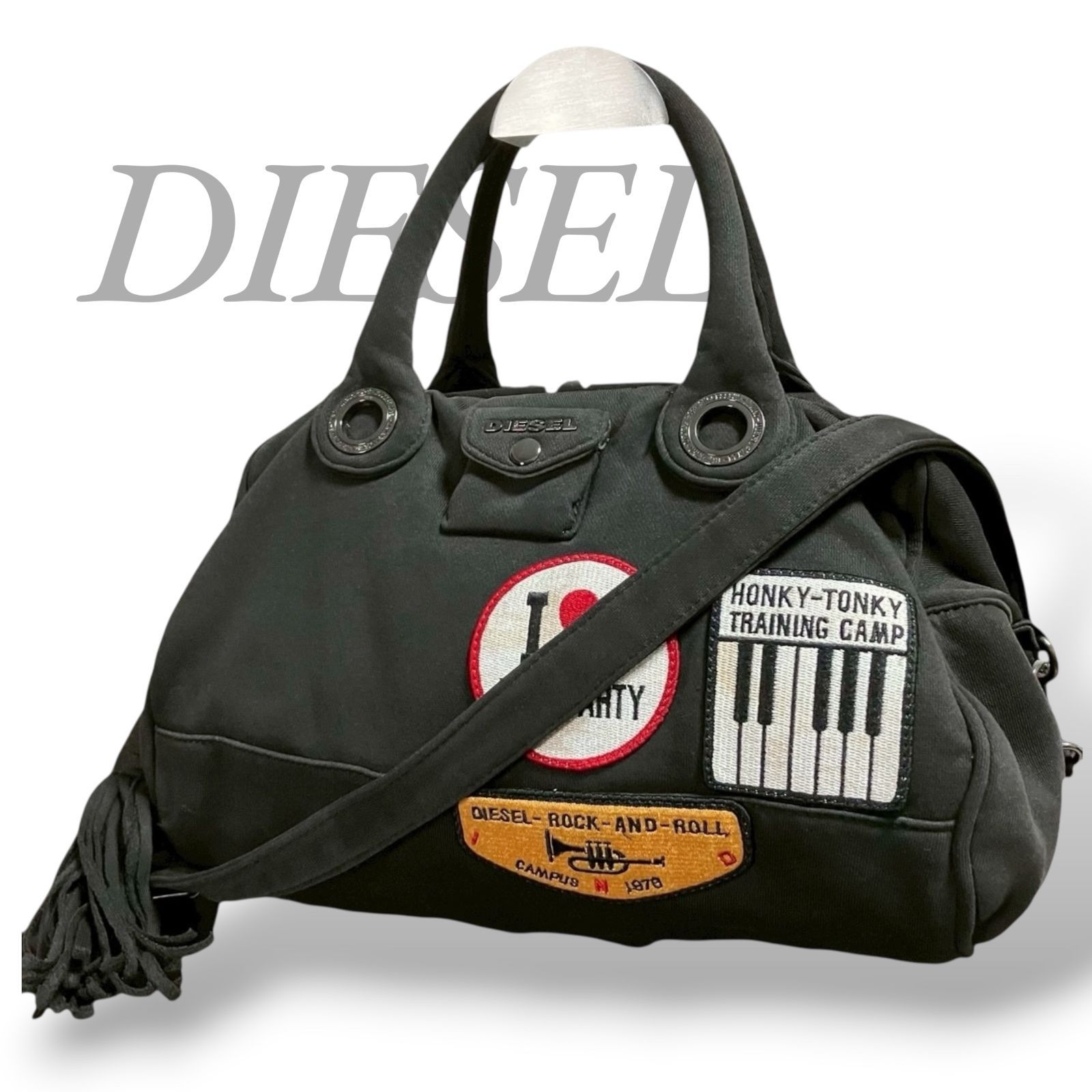 【MY0756】DIESEL ディーゼル 2way トートバッグ ハンドバッグ ワッペン キャンバス ブラック 黒 肩掛け 斜め掛け ユニセックス