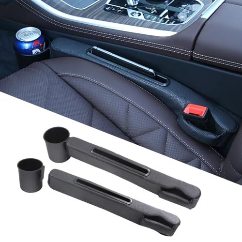 3in1車用隙間クッション センターコンソール隙間埋め シートパッド シートサイドクッション 幅広い互換性の スペーサー 取り外し可能ドリンクホルダー&小物入れ付き PUレザー素材 プレミアム仕様 便利グッズ 落下防止 運転席&助手席に対応 カー用品as