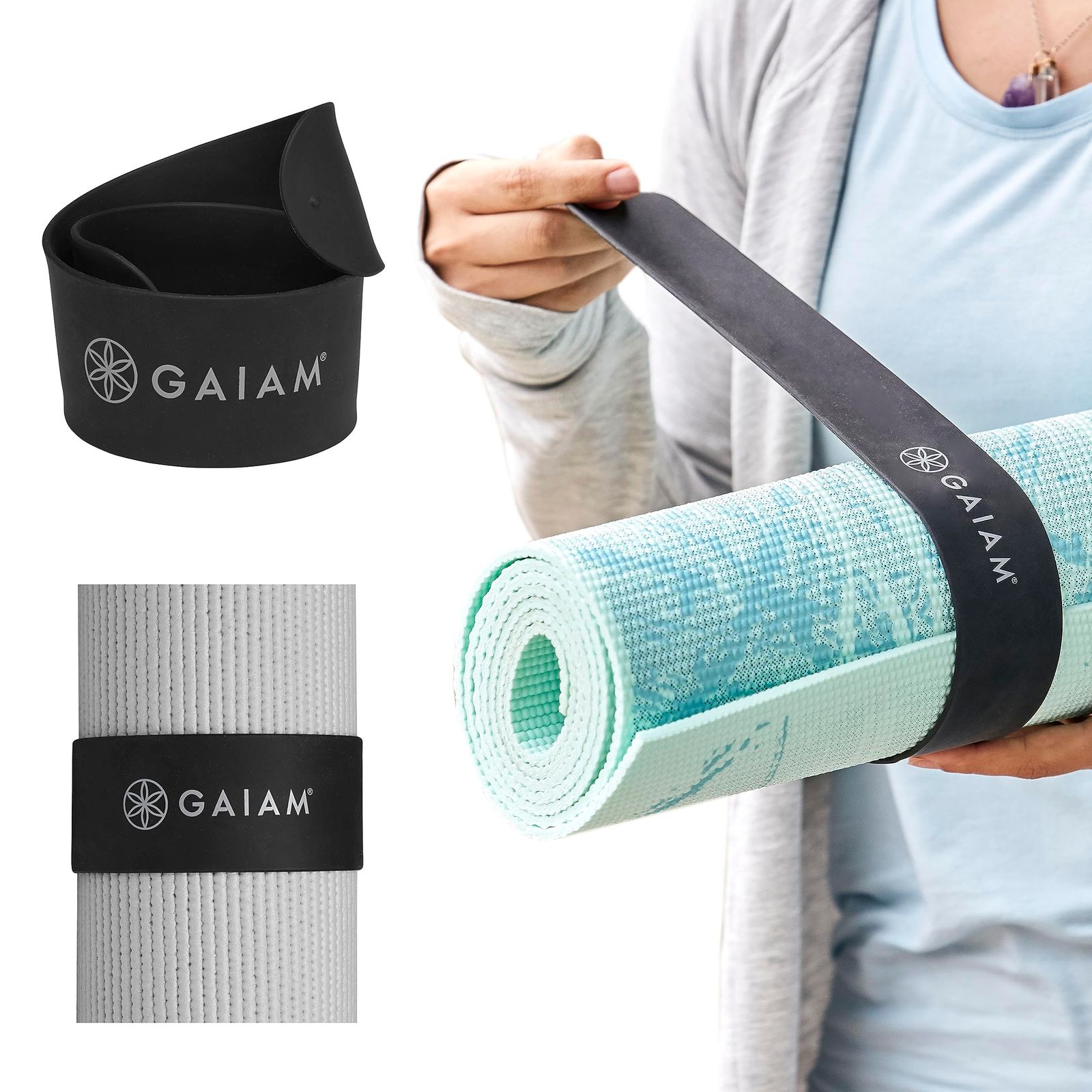 Gaiam ヨガマットストラップスラップバンド – マットをしっかりと巻いて安全に保ちます。ほとんどのサイズのマットにフィット(長さ20インチ x 幅1.5インチ) ブラック