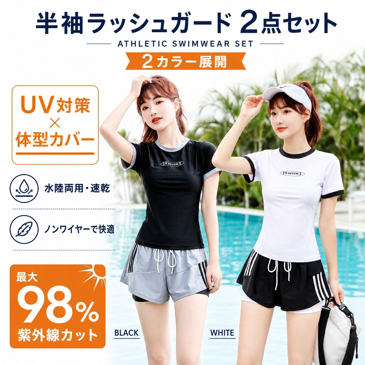 水着 レディース 体型カバー ラッシュガード 半袖 フィットネス 2点 