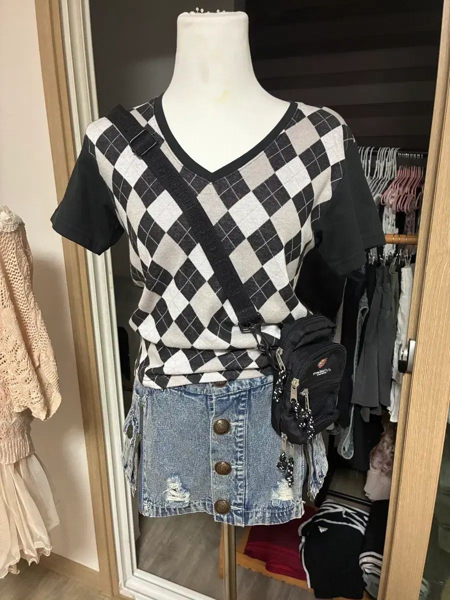 アーガイル CHECK 半袖 Tシャツ + デニム スカート セット