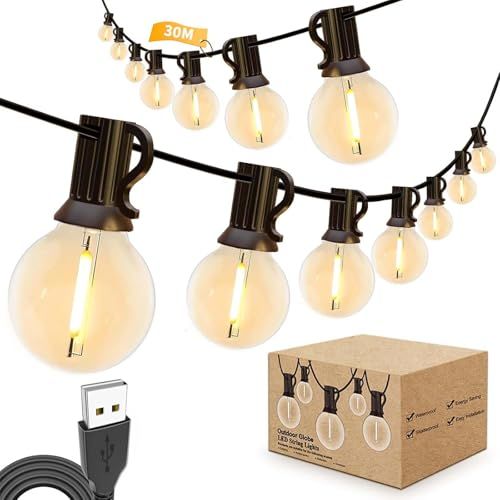 ☆新品☆IKERY LEDストリングライト 30M 電球色 USB 5V LEDイルミネーションライト 屋外 防水 50?2個 Ｇ40 電球 割れにくい 間接照明 誕生日パーティー デコレーションライト ガーデンライト キャンプ テント ベラ 7137c365