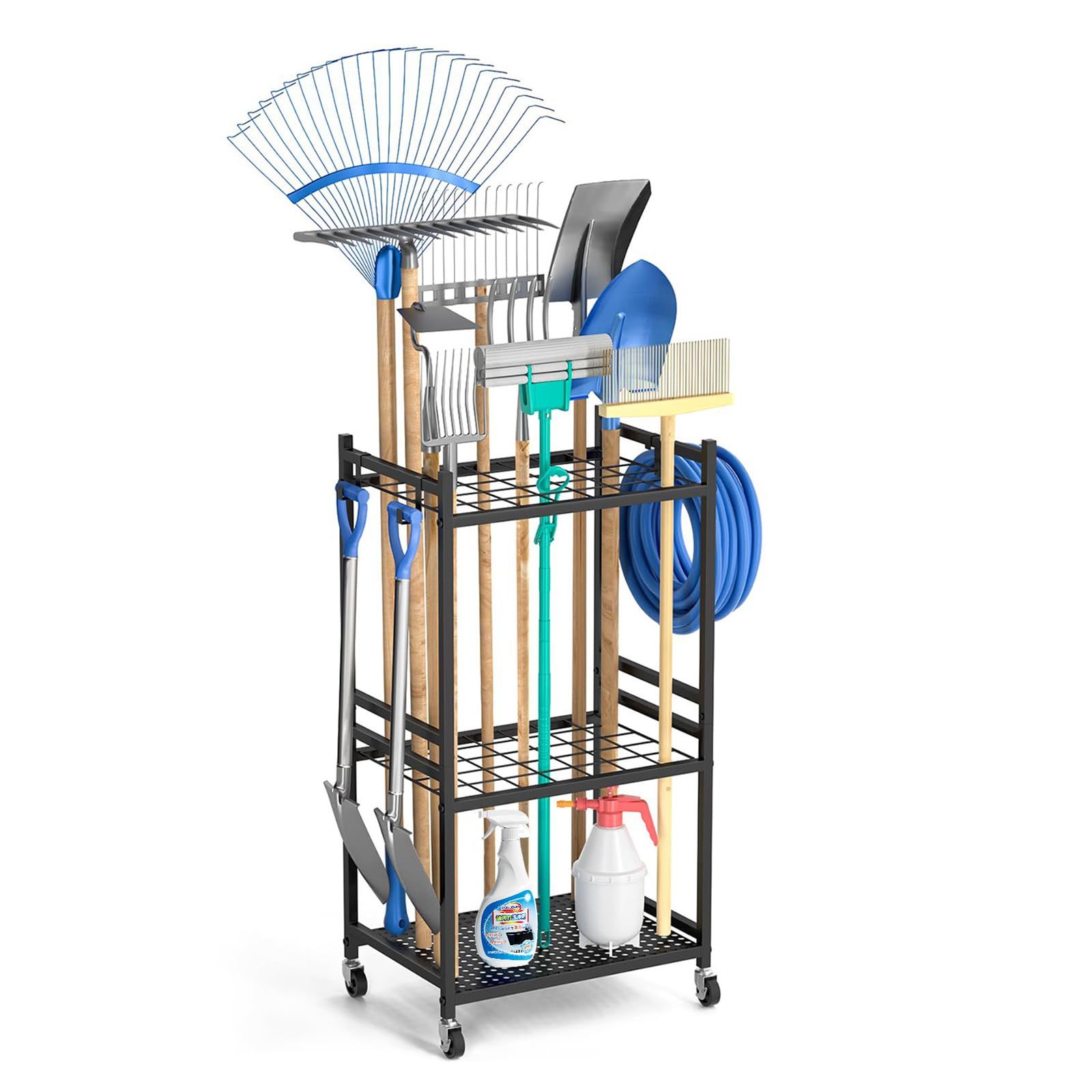 ☆新品☆ガーデンツールオーガナイザー 大容量収納ラック 滑車付き 移動簡単 高耐久設計 金属製 防錆加工 4個360°スイベルキャスター ガレージ/倉庫/パティオ/庭/小屋用 工具整理 農具 掃除用具 収納スタンド 42×30×80cm (ブ 459793bb
