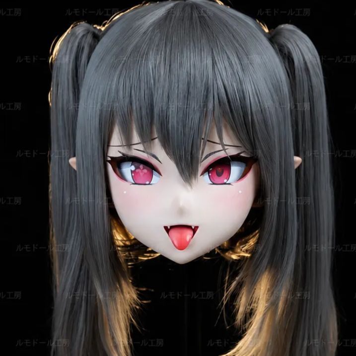 キグルミマスク 3/4ヘッド 美少女 ダークグレーヘア ゴールドメッシュ ツインテール ピンクアイ ベロ出し 換気ファン内蔵 ドール顔 アニメ顔 二次元 ハンドメイド コスプレ kigurumi 撮影用 KigReaction