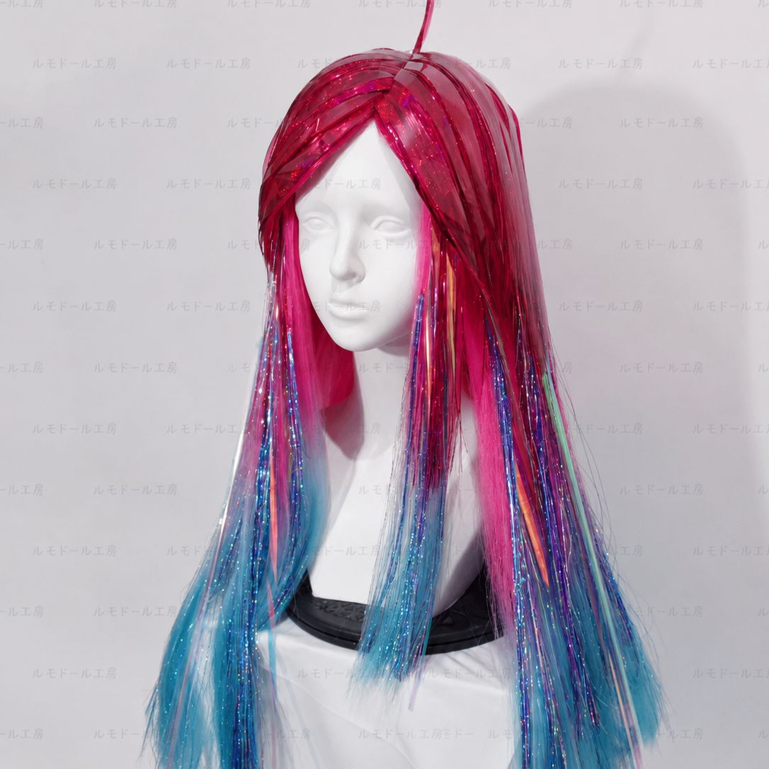 コスプレウィッグ アレキサンドライト 風 宝石の国 風 戦闘形態 レッド ブルー グラデーション ホログラム ラメ 全頭ラメ仕様 男女兼用 ハンドメイド 一点物