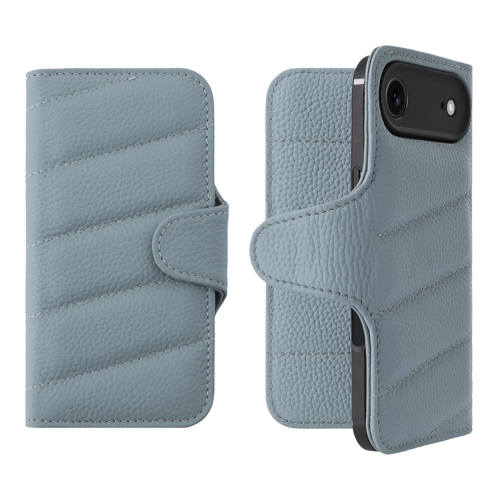 新品 HANATORA for iPhone 16Pro ケース 手帳型 本革 スマホケース スマホ キルティング ボタン留め シュリンクカーフレザー ギフト マグネットなし ブルーグレー QH02T-16Pro-BlueGray