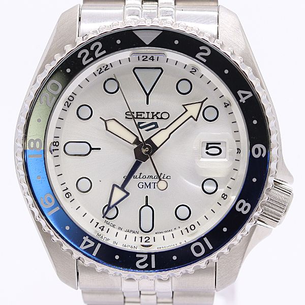 美品 保/箱付 稼働 セイコー セイコー5 4R34-00A0 GMT AT/自動巻 デイト 裏スケ シルバー文字盤 メンズ腕時計 0080300 5BJT MYT ABC23829