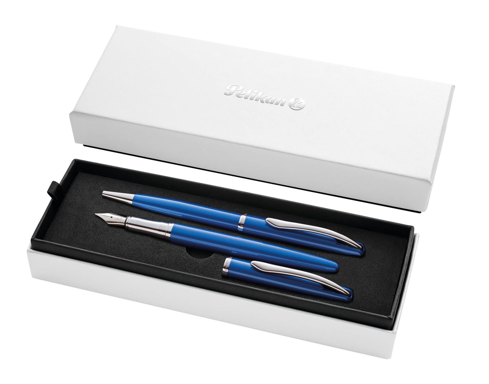 新品 Pelikan ジャズノーブルセット 万年筆とボールペンサファイア(ブルー)、エレガントなカートリッジ万年筆(M)メタル、折りたたみボックス入り