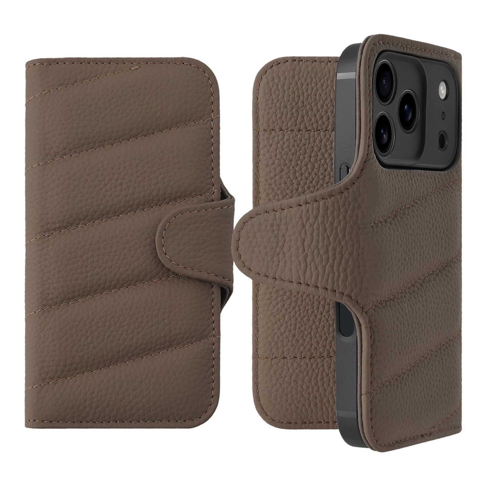 新品 HANATORA for iPhone 16Plus ケース 手帳型 本革 スマホケース スマホ キルティング ボタン留め シュリンクカーフレザー ギフト マグネットなし トープ QH02T-16Plus-Taupe