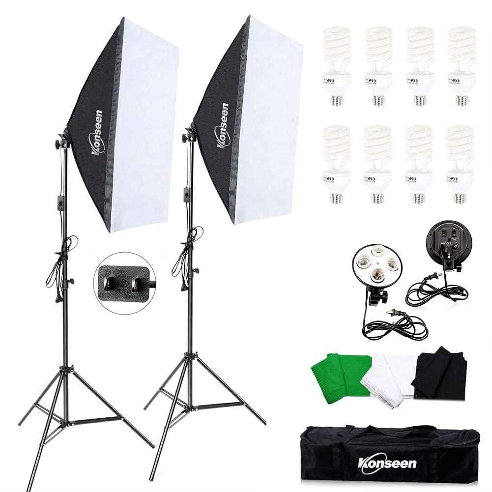 新品 Konseen 写真撮影照明キット ソフトボックス 50x70cm 8個の45W電球 5500K 照明ライト 2M調整可能なライトスタンド キャリングバッグ付き
