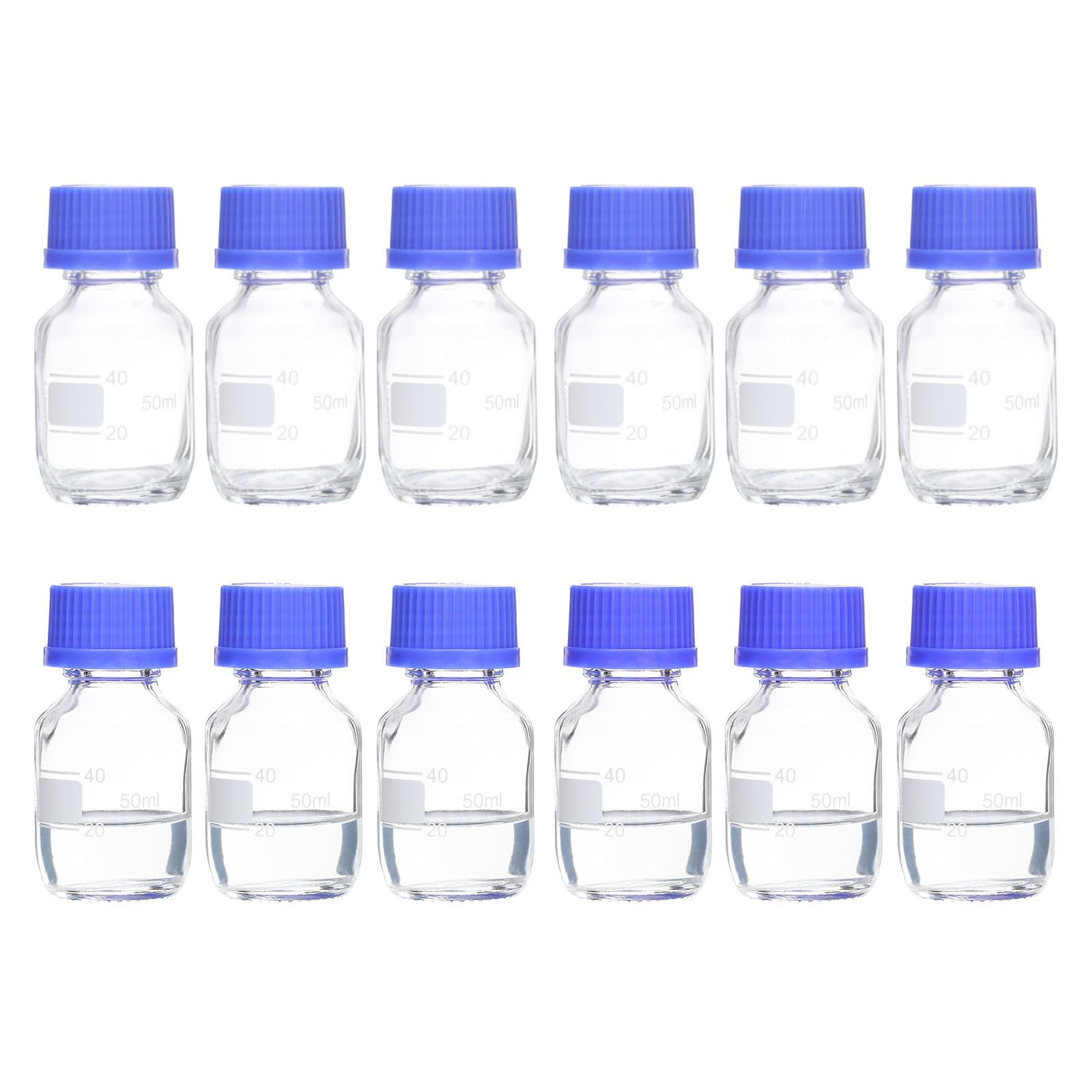 新品 PATIKIL 12個セット 試薬保存ボトル 50ml ホウケイ酸 ガラス 目盛り付き 丸型 ボトル GL32 ブルー スクリュー キャップ クリア
