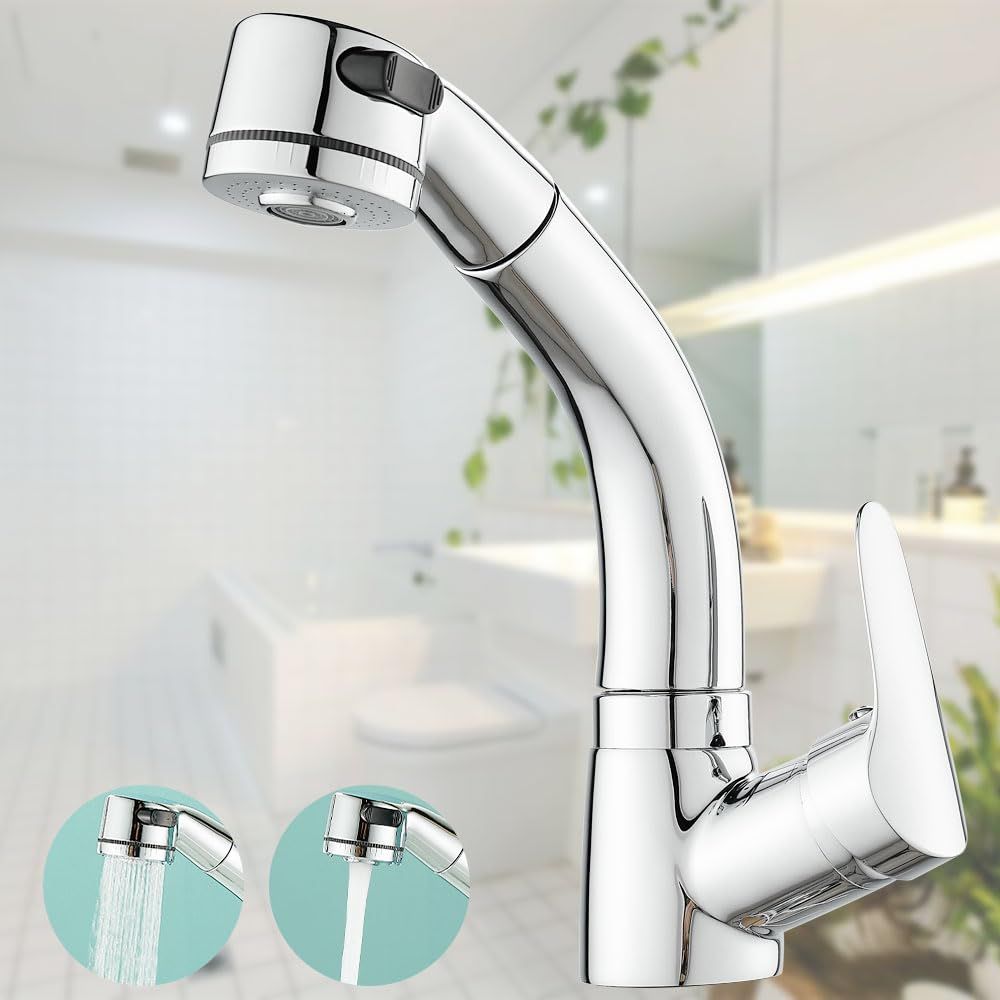 ☆新品☆洗面水栓 洗面用混合栓 洗面台蛇口 台付き1穴 シングルレバー混合水栓 ホース引き出し式 360°回転 吐水口昇降 シャワ・泡沫切替 洗面用水栓金具 取り付けホース付き (クロム) 49f825eb