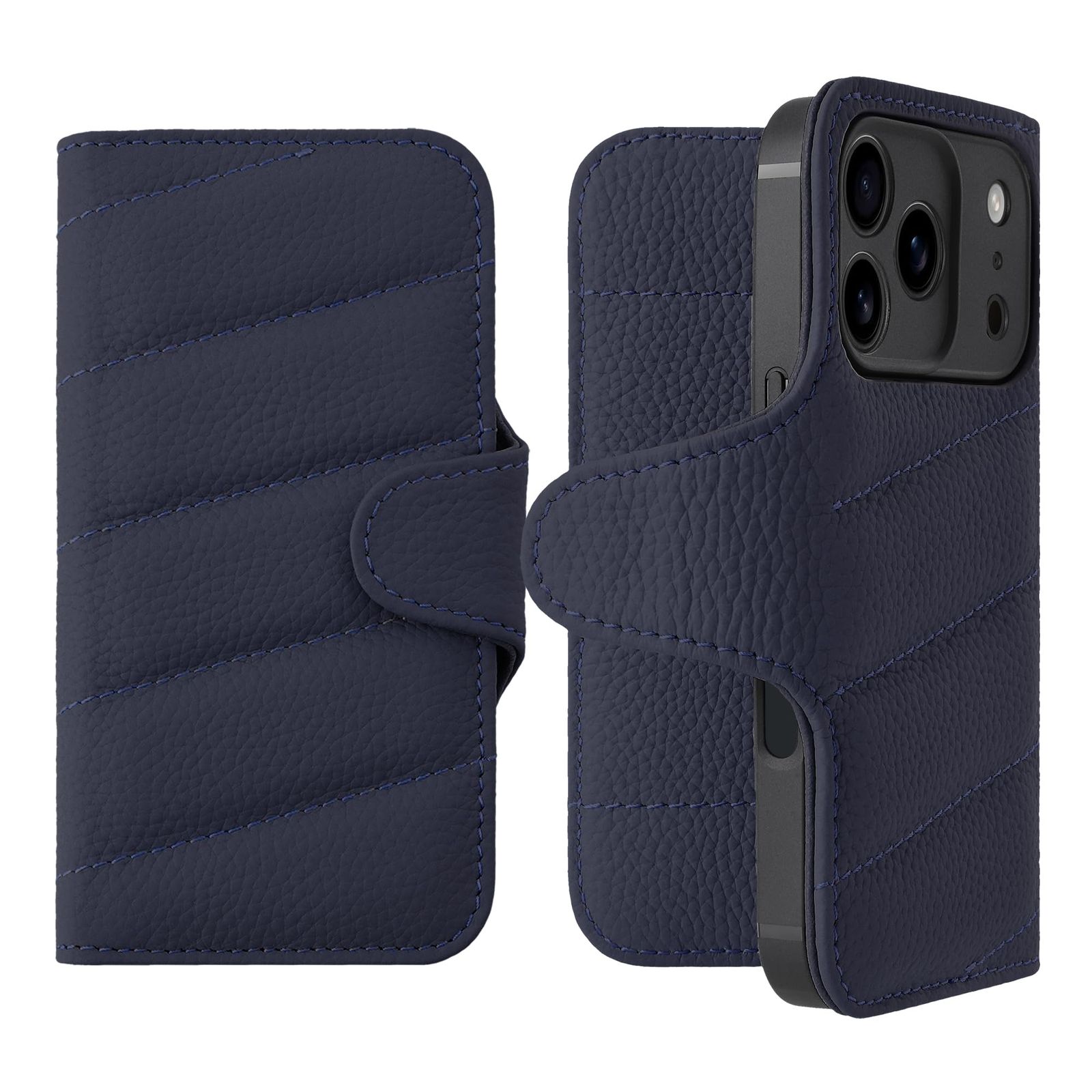 新品 HANATORA for iPhone 16Plus ケース 手帳型 本革 スマホケース スマホ キルティング ボタン留め シュリンクカーフレザー ギフト マグネットなし ネイビー QH02T-16Plus-Navy
