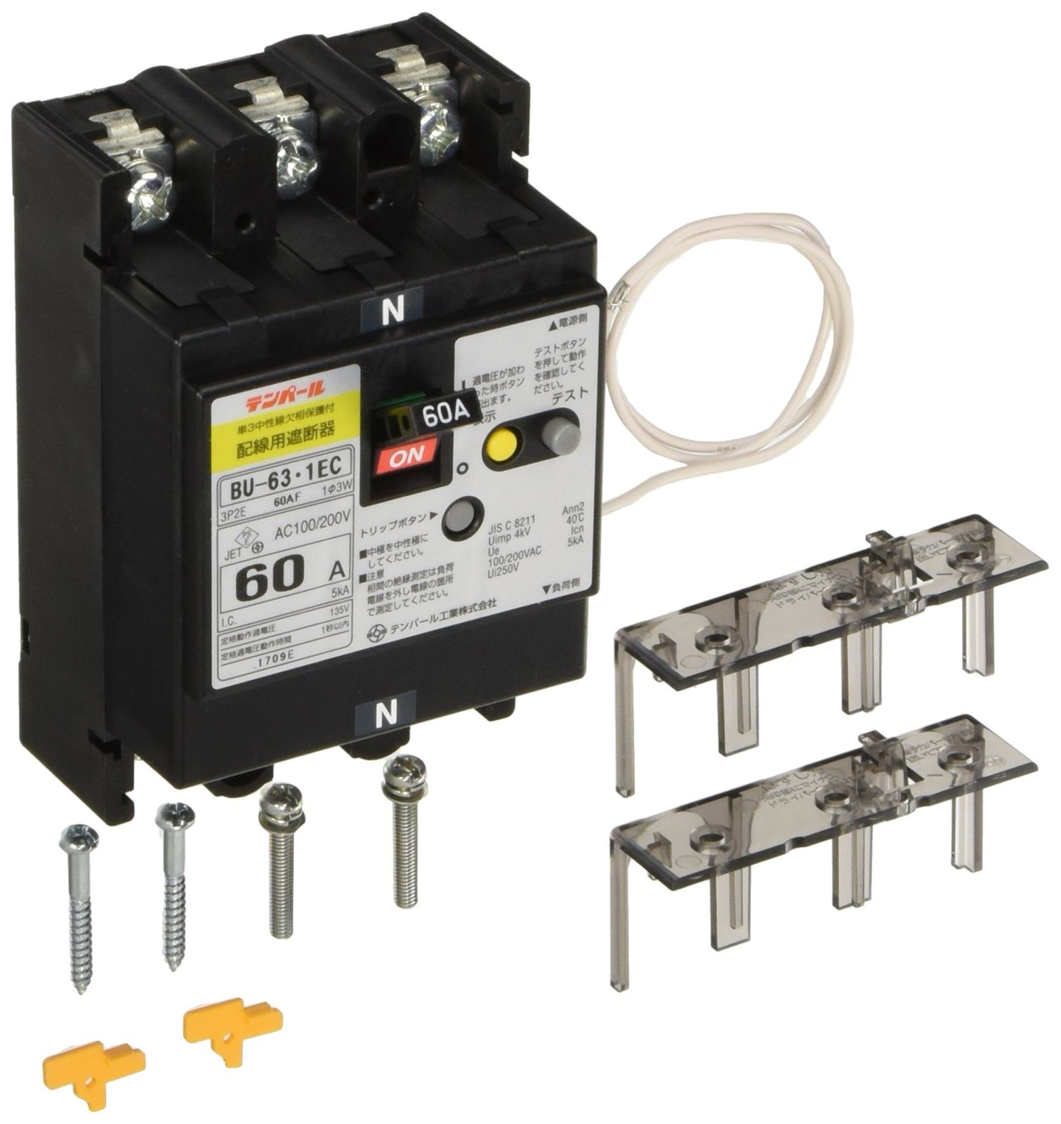 新品 テンパール工業 単3中性線欠相保護付配線用遮断器 BU6301EC60V
