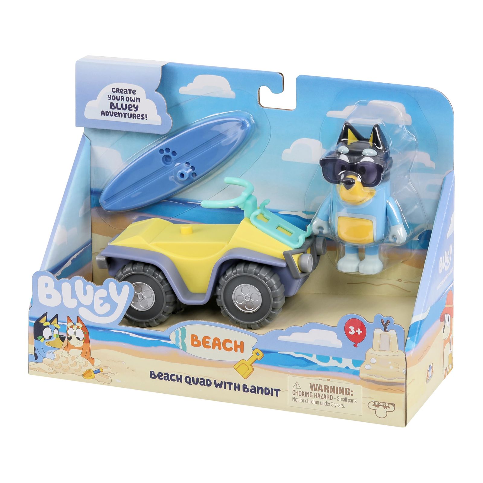 新品 Bluey Bandit サーフビーチおもちゃセット 3インチ ポーズ可能なバンディットフィギュア ビーチトイキット サングラス、クワッドバイク、サーフボードアクセサリー付き