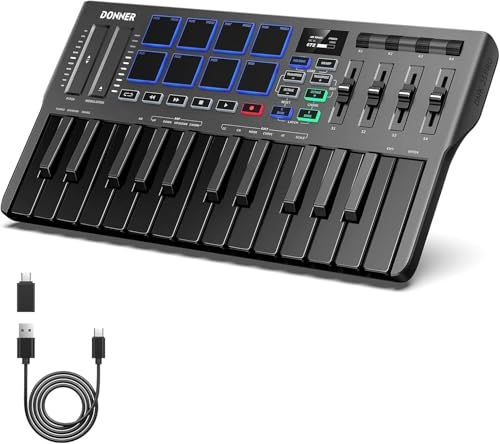 ☆新品☆Donner USB MIDI キーボード コントローラー 25鍵 ベロシティ対応 タッチ式スライダー OLEDスクリーン バックライト付パッド 音楽制作 Mac・PC対応 日本語説明書 ブラック DMK-25 PRO 885c7d8e