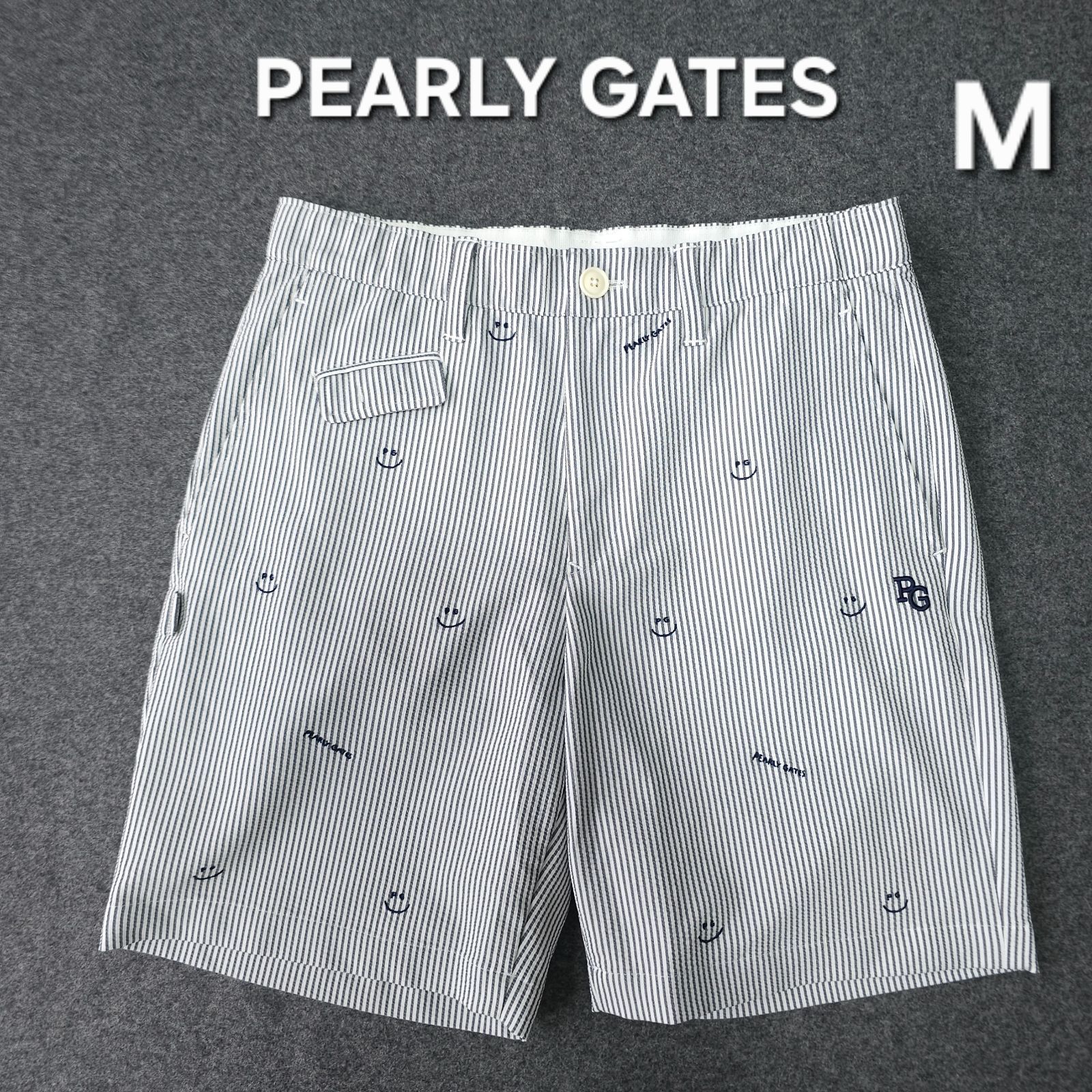 【?値下げ交渉受付中】極美品 近年モデル PEARLY GATES ストレッチ素材 ゴルフハーフパンツ メンズ M ライトグレー ストライプ柄 ニコちゃんマーク 総柄 パーリーゲイツ