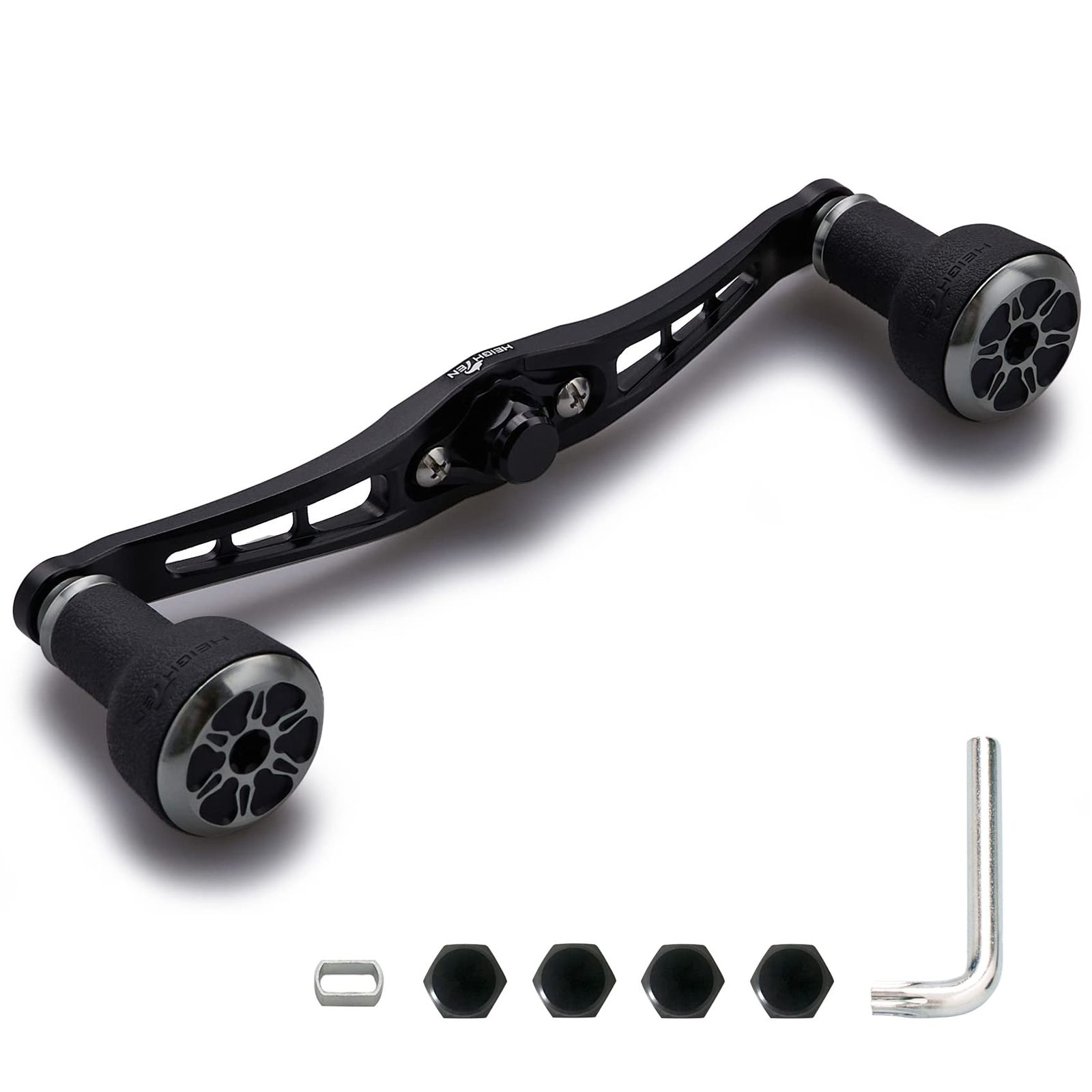HEIGHTEN 120/92mm ベイト リール ハンドル 24mm TPE製 ノブ搭載 シマノ ダイワ アブガルシア 通用 ベイトリール 用 TPE Series (120mm-ブラック&ガンメタル(キャップ)) (HT8902)送料無料 3d7f1703