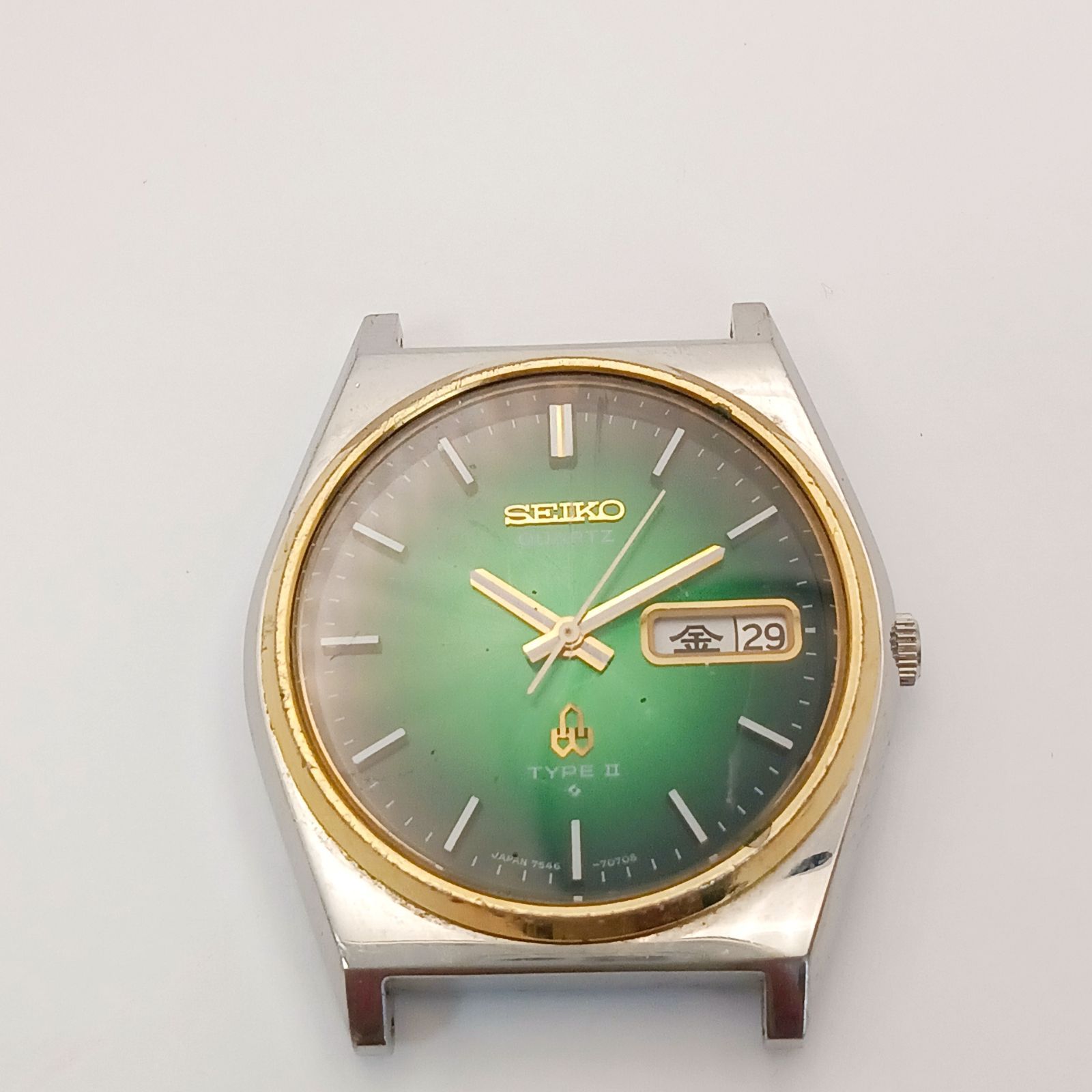 【稼働 良品】0529-1 SEIKO TYPEⅡ セイコー タイプ2 7546-7060 メンズ腕時計 デイデイト フェイスのみ グリーン文字盤