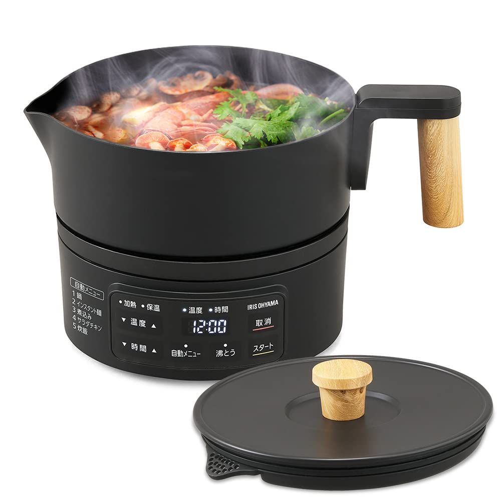 アイリスオーヤマ クッキングケトル 一人暮らし 一人鍋 ラーメン 丸洗い可 湯切り機能付 温度調節 40℃~100℃ 1L ICK-M1200-B ブラック 節電対策Y 12e69160
