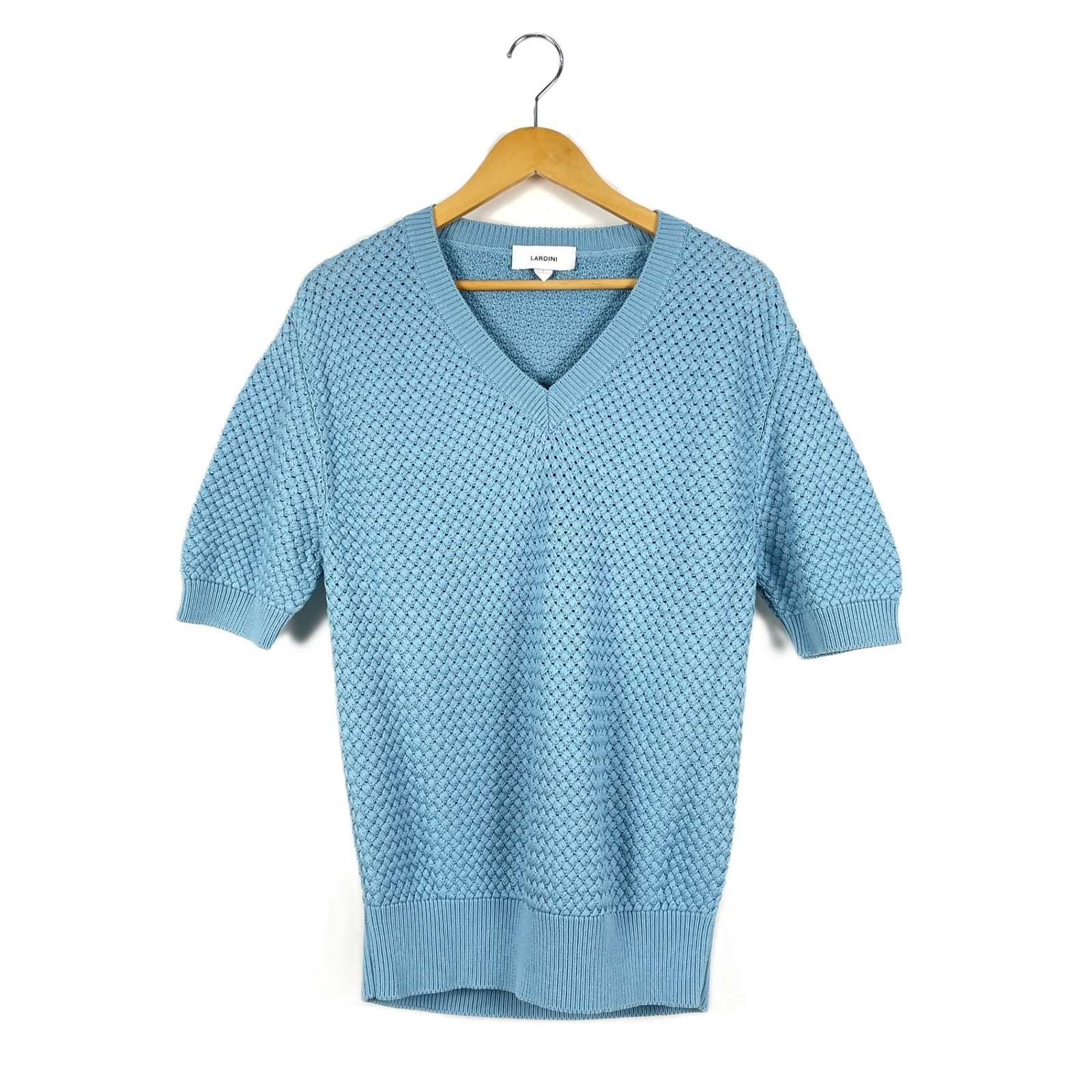 LARDINI　ラルディーニ　KN.1702　Vネック　ローゲージ　メッシュ　編み込み　半袖セーター　ニット　Sサイズ　イタリア製　ブルー