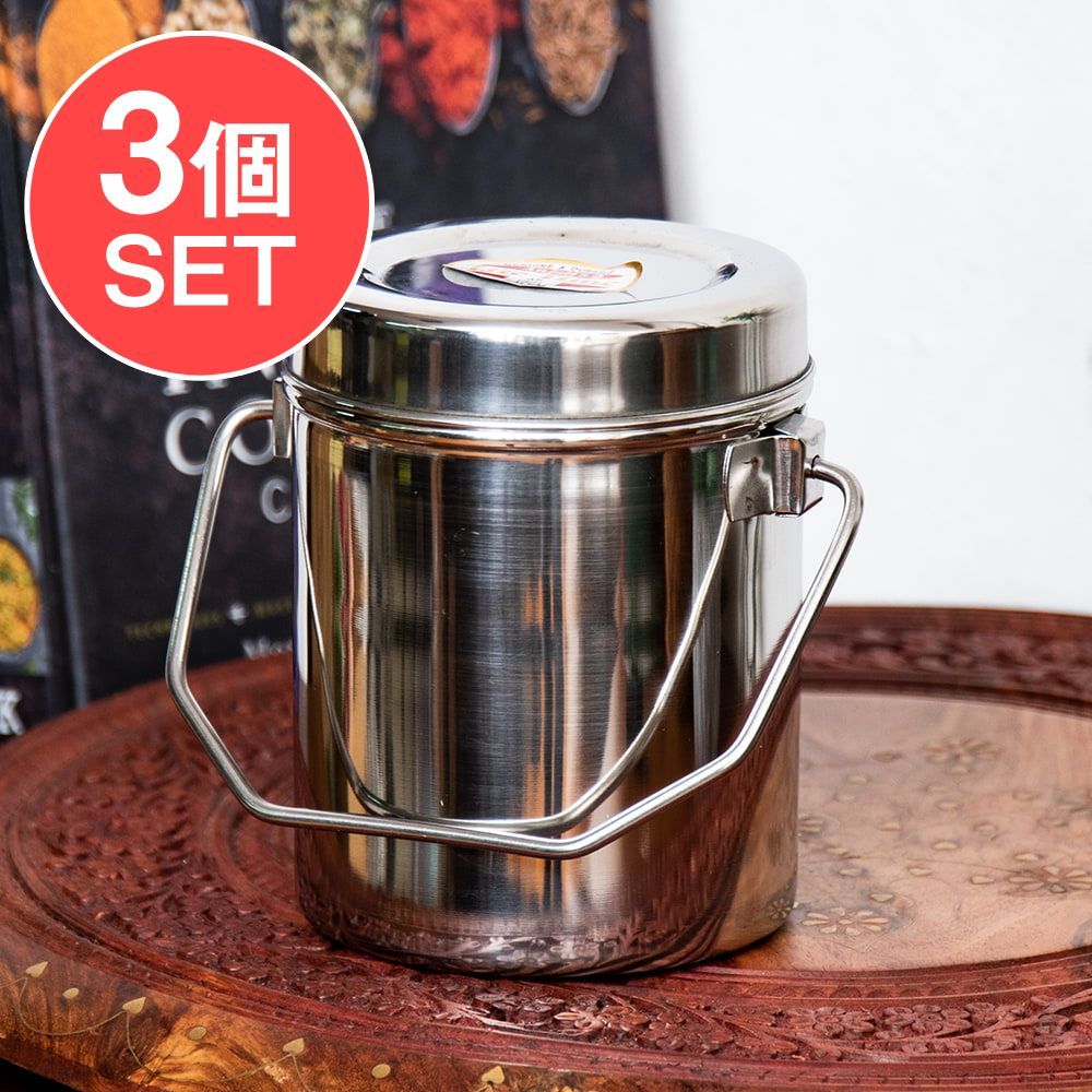 【3個セット】〔1.1L〕インドのステンレスミルクポット ビリー缶 ブッシュクラフト 焚き火とキャンプの直火調理にも /