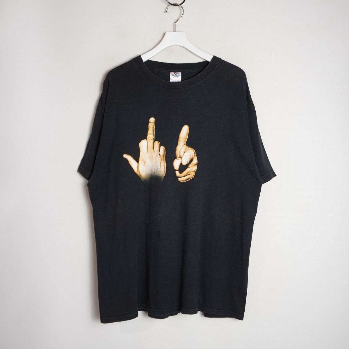 00S USA製 ハンド ジェスチャー プリント 半袖 Tシャツ ショートスリーブ カットソー DELTA ボディ ビンテージ 黒 サイズXL 2475Q♪