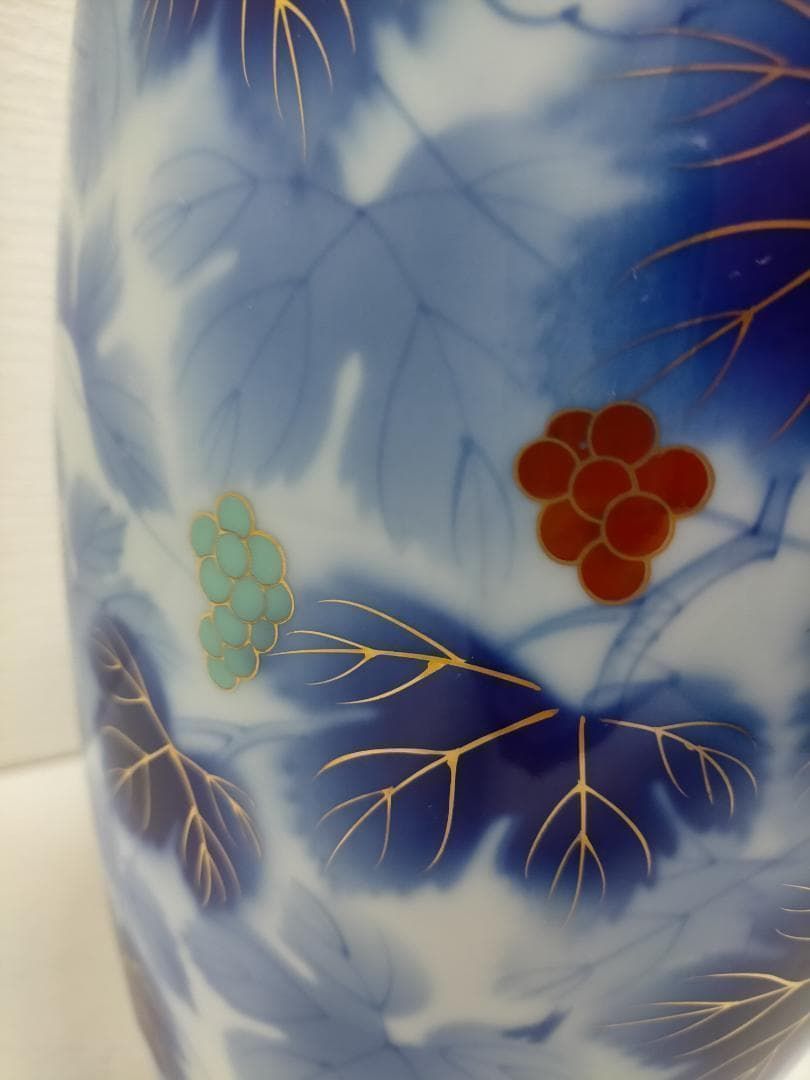 藍染調 金彩 葡萄文 大型 花瓶 壺 飾壺 和風 陶磁器 青 251217-4Y 家具