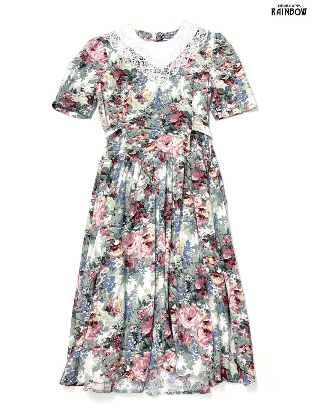 古着 レース 花柄 コットン ロング丈 半袖 ワンピース ピンク 緑 (otu2604133)