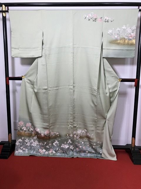 【中古】Mサイズ 訪問着 正絹 薄グリーン地に花鳥模様 身丈長め