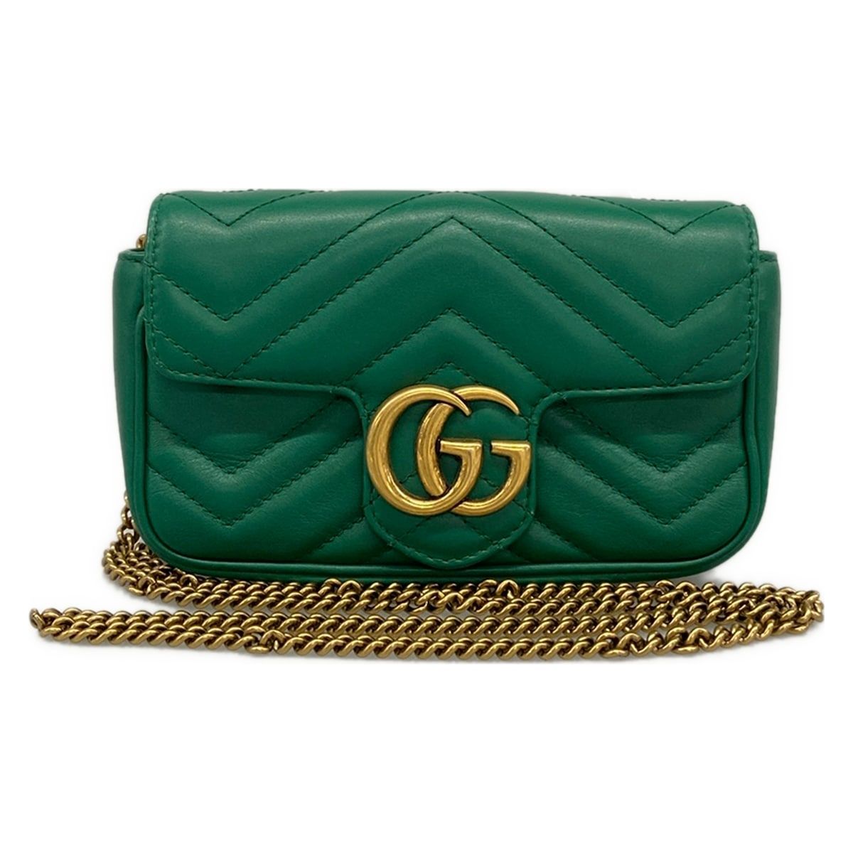 GUCCI(グッチ) ショルダーバッグ GGマーモント キルティングレザー スーパーミニバッグ 476433 グリーン チェーンショルダー レザー