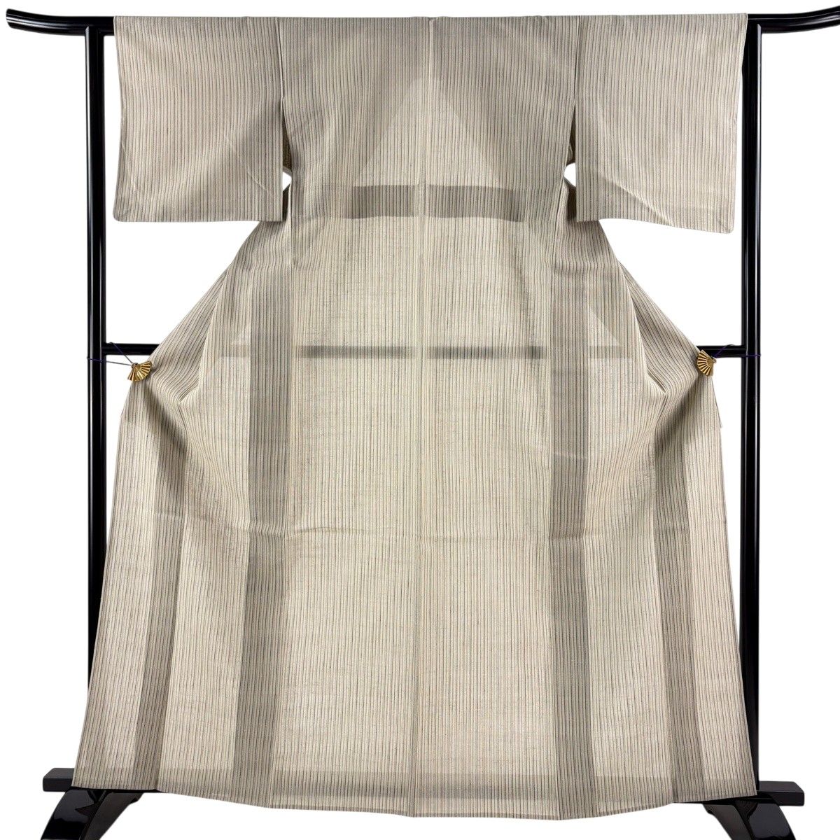 美品】 紬 身丈164.5cm 裄丈62cm S 薄物 夏紬 縦縞 ベージュ 正絹 秀品