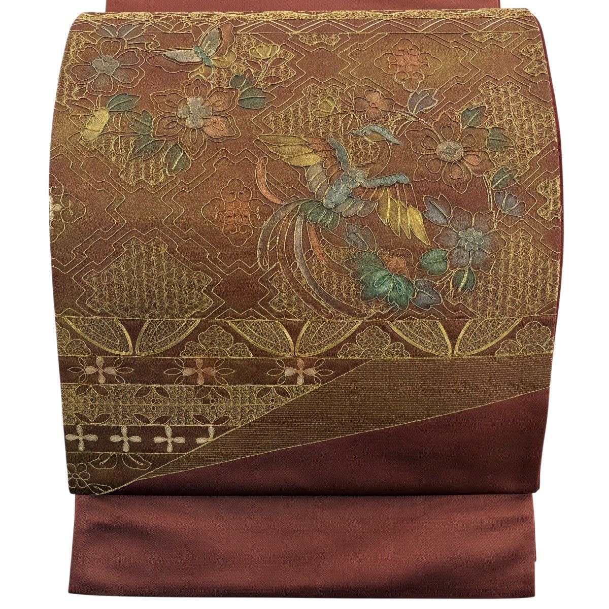 【美品】 袋帯 秀品 花鳥 蝶 金糸 金彩 茜色 お太鼓柄 正絹 【中古】