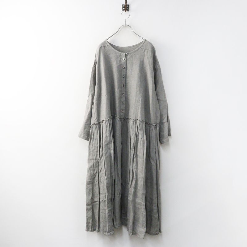 2023SS ネストローブ nest Robe リネン天然染めウエスト切り替えワンピース F＼グレー ドレス ギャザー フレア【2400014985085】