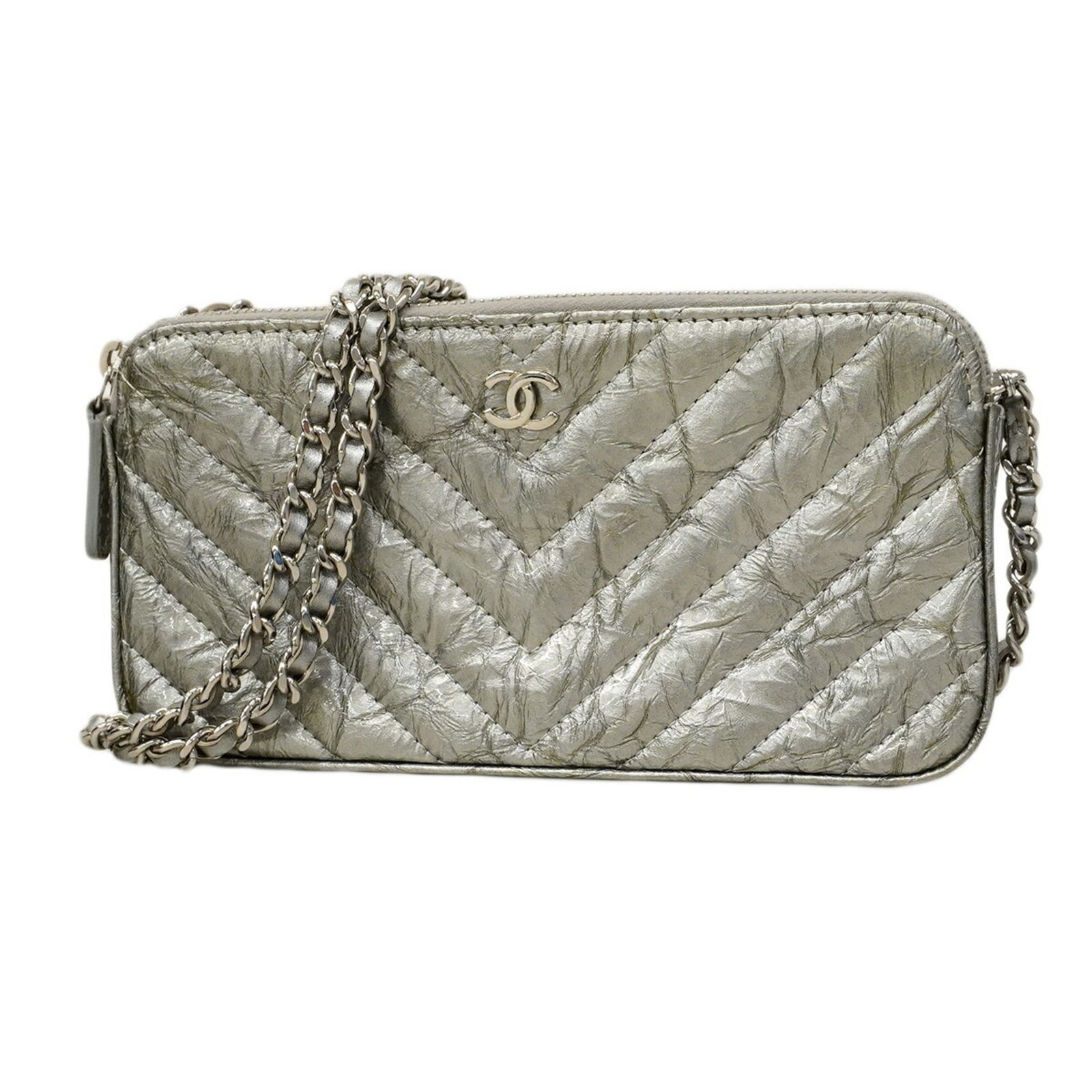 シャネル(Chanel) シャネル 財布・ショルダーウォレット Vステッチ チェーンショルダー シェブロン コーティングレザー シルバー メンズ レディース