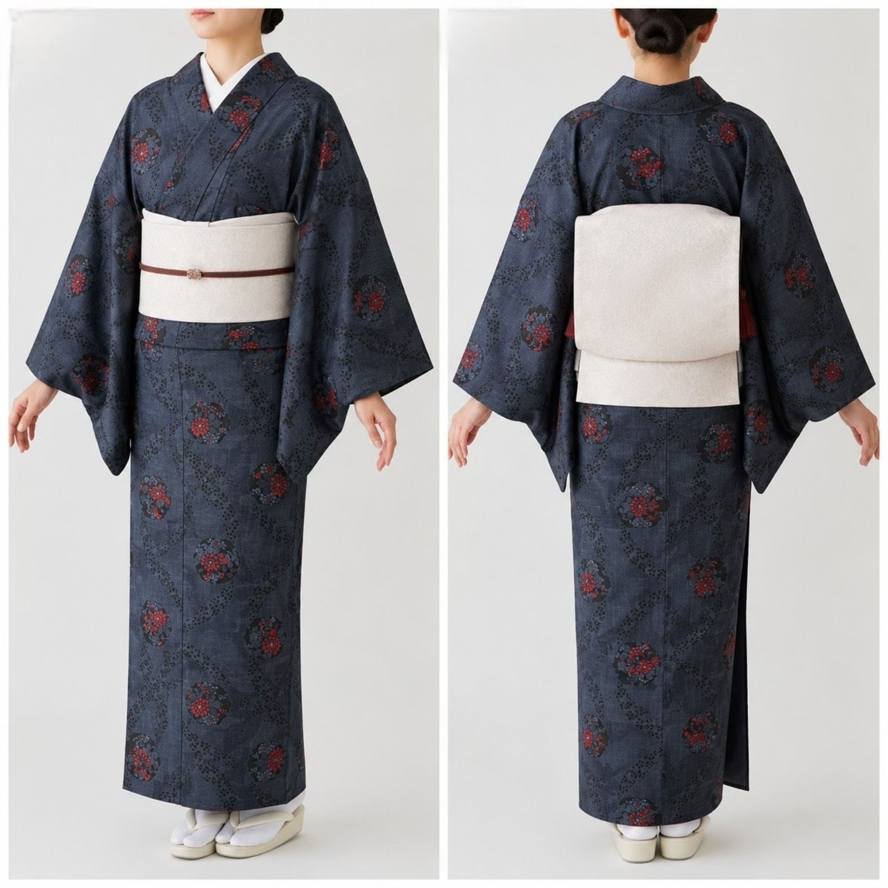 #K116 美品 大島紬 しつけ糸付き 身丈162cm 雪輪 草花 正絹 和装 和服 着物