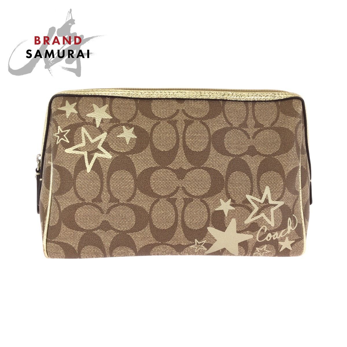 美品 COACH コーチ シグネチャー 星 ベージュ ブラウン ゴールド PVC ポーチ メイクポーチ 小物入れ レディース 602653【中古】